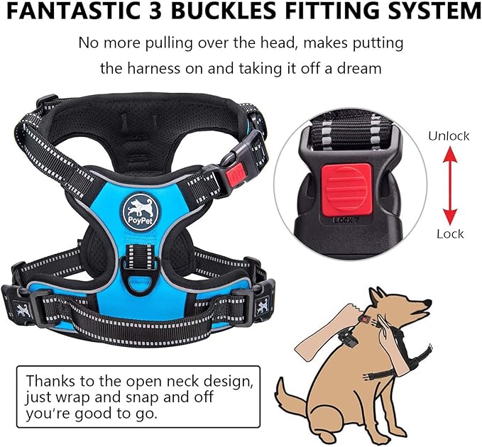 PoyPet No Pull Dog Harness, No Choke Front Clip Dog Reflective Harness, Adjustable Soft Padded Pet Vest with Easy Control Handle for Small to Large Dogs(Blue,M)