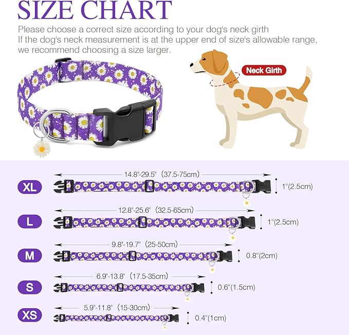 BiPawTi Purple Dog Collars - Cute Flower Collar for Small Dog with Daisies Charms, Pretty Floral Dogs Collar for Female Dogs Puppy Girls Boys Pet (S, Purple)