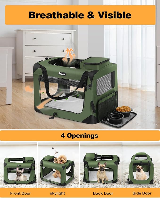 Extra Large Dog Crate with 2 Foldable Bowl, 28 Inch Collapsible Travel Dog Crate Kennel with Soft Blanket for Medium Dogs,Indoor & Outdoor (28" L x 20" W x 20" H, Green)