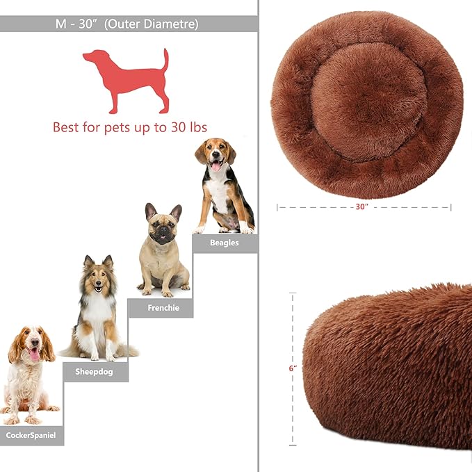 Orthopedic Dog Beds for Medium Dogs 30 inch Round Calming Pet Beds Machine Washable Faux Fur Doggie Beds for Medium Dogs Chocolate Brown