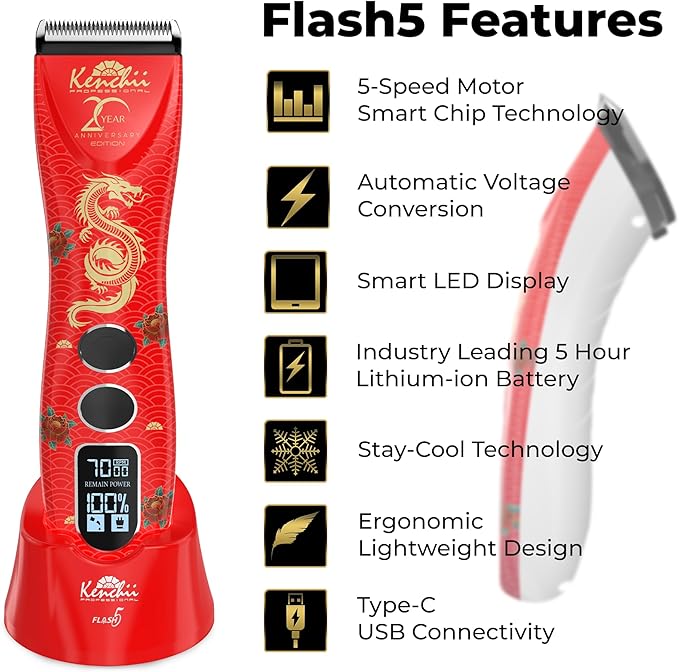 Kenchii Flash 5 Red Dragon Limited Edition - 5-in-1 Digital Cordless Clipper - Precision Pet Grooming: Trim, Shape, and Style Effortlessly USB-C Charging (Red)