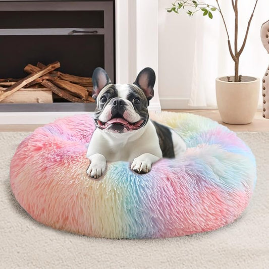 JOLLYVOGUE Dog Bed Cat Bed, Anti-Anxiety Small Dog Bed, Calming Donut Dog Bed for Puppy, Cozy Cat Bed, Fluffy Dog Beds for Small Dogs, Washable Round Puppy Bed for Indoor Pets (20"/Rainbow