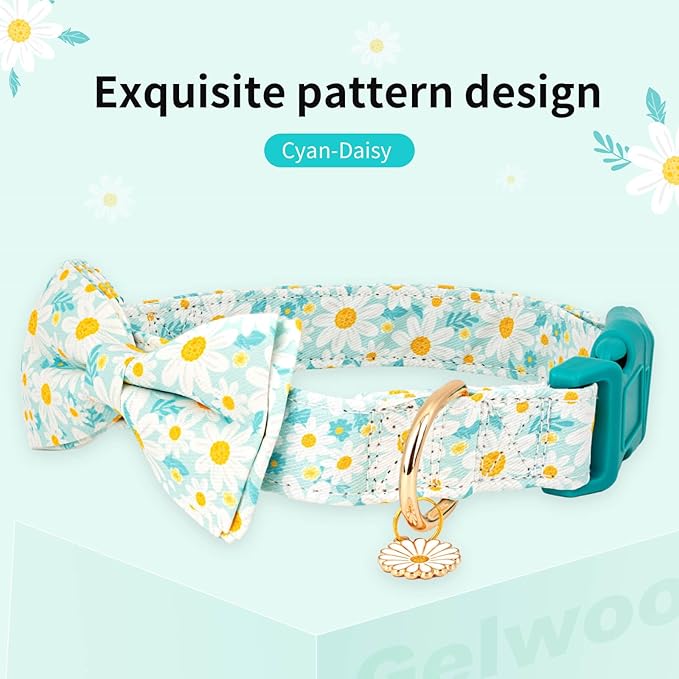 Fashionable Dog Collar with Bow Tie for Small Medium Large Dogs,Cute and Soft Puppy Collar for Male Female Dogs,Cyan Durable Cotton Dog Collar with Adjustable Buckle Daisy Pattern (L, Cyan Daisy)
