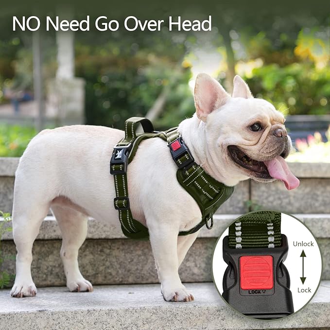 PoyPet No Pull Dog Harness, No Choke Reflective Dog Vest, Adjustable Pet Harnesses with Easy Control Padded Handle for Small Medium Large Dogs(Military Green,S)