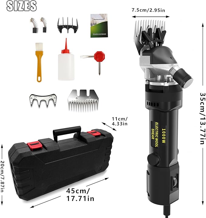 PAT JUUMG 1000W Sheep Shears Electric Farm Livestock Haircut with 2 Blades Professional Animal Clippers 6 Speed Heavy Duty Electric for Thick Horses Sheep Alpacas Goats(Black)