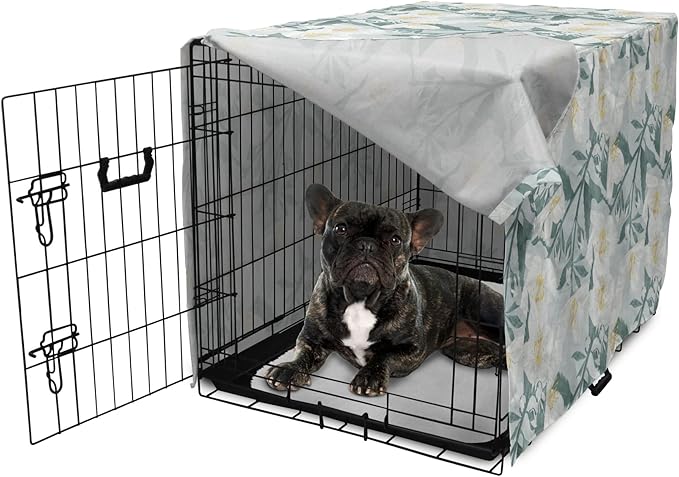 Lunarable Jasmine Dog Crate Cover, Delicate Pointy Petals Flower in Muted Tones, Easy to Use Pet Kennel Cover for Cats & Medium Dogs, 24 Inch, Pale Teal Pale Blue