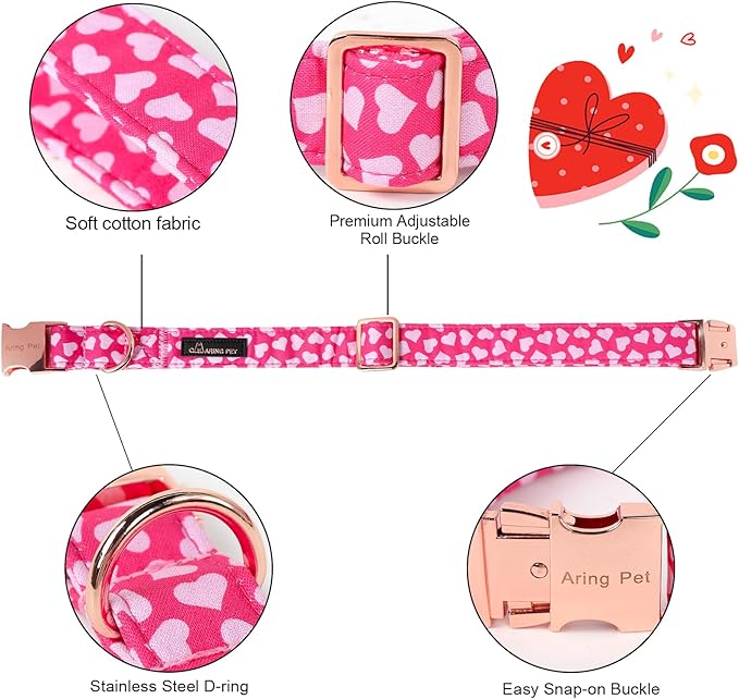 ARING PET Valentine's Day Dog Collar-Cotton Pink Heart Dog Collar with Bow, Adjustable Valentine Bowtie Dog Collars Pet Necklace with Metal Buckle for Girl&Boy Dogs