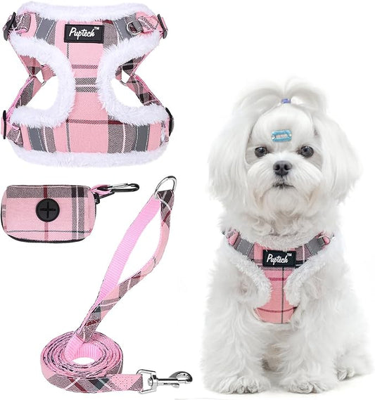 PUPTECK No Pull Dog Harness and Leash Set Reflective No Choke Step in Puppy Halter for XS Small and Medium Sized Dogs, Pink Plaid, Plush, S