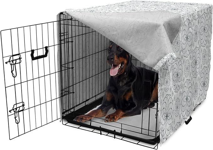 Ambesonne Sacred Geometry Dog Crate Cover, Circular Formations with Dots Flower Like Elements Design Print, Easy to Use Pet Kennel Cover for Medium Large Dogs, 42 Inch, Dark Petrol Blue White