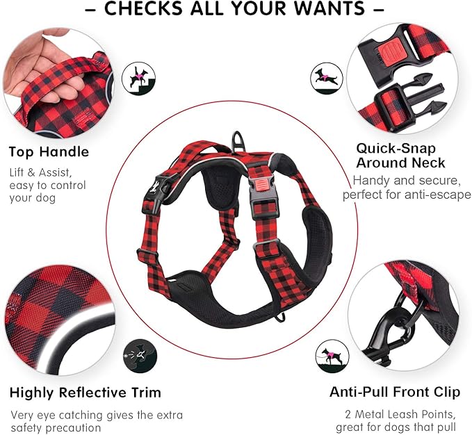 PoyPet No Pull Dog Harness, [Release at Neck] Reflective Adjustable No Choke Pet Vest with Front & Back 2 Leash Attachments, Soft Control Training Handle, Plaid(Checkered Red, XS)
