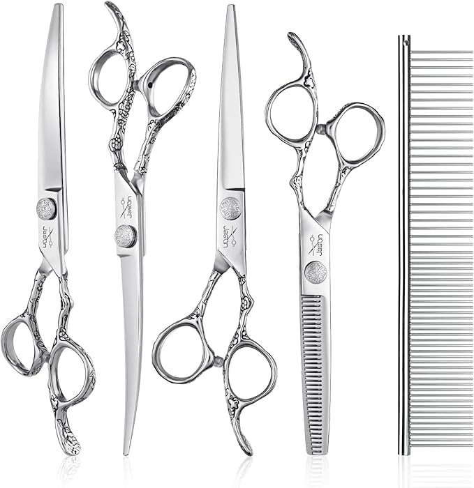 JASON Dog Grooming Scissors Kit, Professional 6 in 1 Dog Scissors Set - 6.5" Thinning, 7" Straight, 7" Up-Curved, 7" Down-curved Shears and Comb for Dog Cat Pet (Silver)