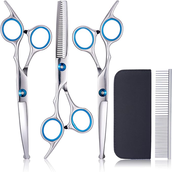 Professional Dog Grooming Scissors Kit with Round Tip Pet Grooming Scissors Kit-Straight & Thinning & Curved Pet Trimming Cutting Shears & Comb Set for Dog & Cat Grooming