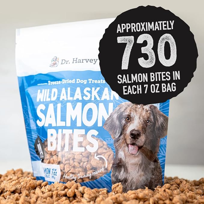 Dr. Harvey's Wild Alaskan Salmon Bites Freeze Dried Dog Training Treats with Salmon Meat for Dogs, 7 Ounces