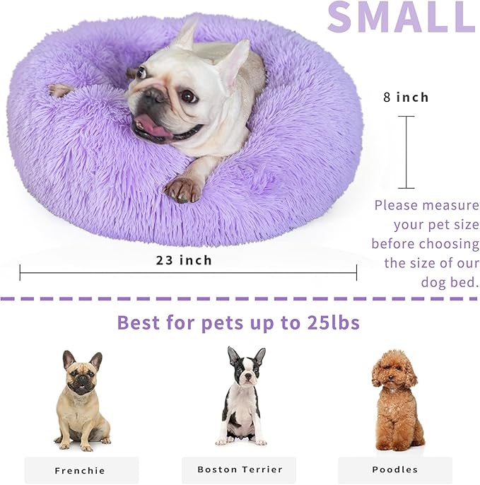 Purple Dog Bed Medium Size Dog 23 Inch Anti-Anxiety Donut Dog Cuddler Bed, Warming Cozy Soft Dog Round Bed, Fluffy Faux Fur Plush Dog Cat Cushion Bed for Small Medium Dogs and Cats