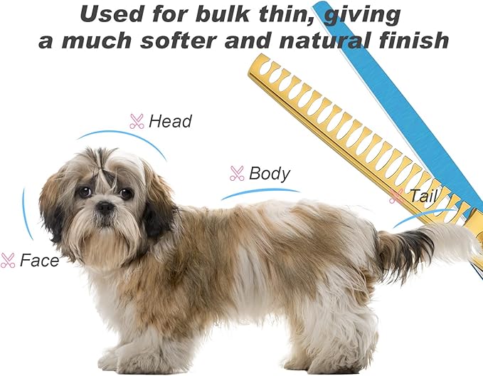 Dog Cat Scissors for Grooming, Pet Shears for Thick Coats and Matted Hair, Thinner Curved Straight Chunker Stainless Steel Shears Blue