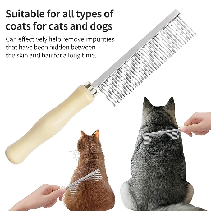 Pet Comb - Stainless Steel Teeth and Wooden Handle - Detangling and Smoothing Tool for Long and Short Hair Dogs and Cats