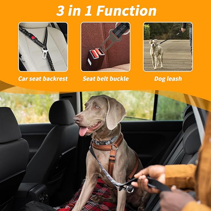 4-in-1 Removable Dog Seat Belt for Car: Adjustable Pet Car Harness, Retractable Dog Car Harness Seatbelt with Poop Bag and Dog Bowl, Restraint Secures to Vehicle Headrest, Black