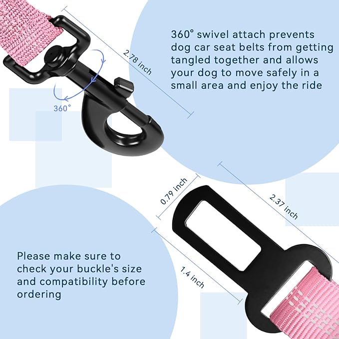 Dog Seat Belt for car, 3 Piece Set Retractable Dog Car Harness 2 Pack Adjustable Seatbelt for Dog in car, Nylon Pet Safety Seat Belts Tether Heavy Duty and Reflective Dog car Leash, Pink