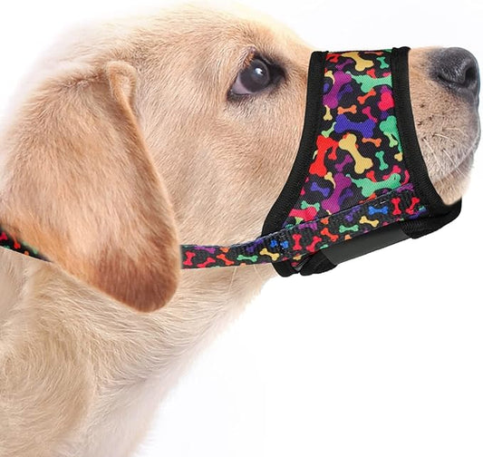 LUCKYPAW Dog Muzzle, Soft Dog Muzzles for Small Medium Large Dogs, Breathable Muzzles to Stop Biting and Chewing with Pattern, Allows Panting and Drinking(Black Bone,XS)