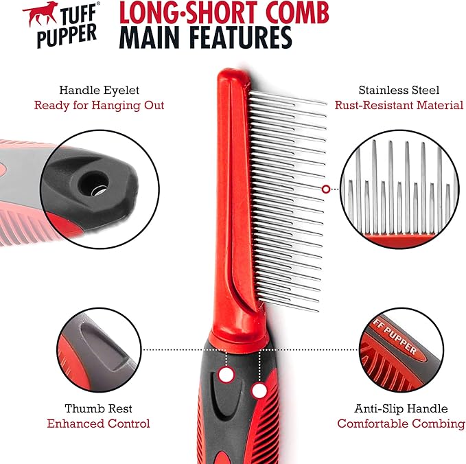 Tuff Pupper Dual Length Detangling Dog Comb | Short and Long Teeth Outer & Inner Coat | Ergonomic Pet Detangling Combs | No-Slip Safety Handle For Precision Control | Rounded Tips Prevent Scratching
