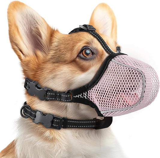 Dog Muzzle,Mesh Soft Muzzle for Small Medium Large Sized Dogs, Breathable Reflective Adjustable Puppy Muzzles with Collar for Scavenging Grooming Biting Chewing,Allows Panting and Drinking(Pink M)