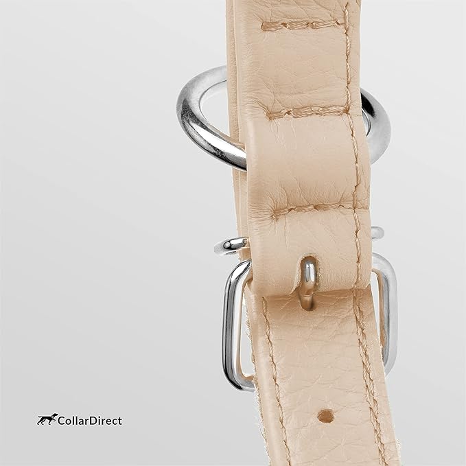 CollarDirect Rolled Leather Dog Collar, Soft Padded Round Puppy Collar, Handmade Genuine Leather Collar Dog Small Large Cat Collars 13 Colors (11-14 Inch, Beige Textured)