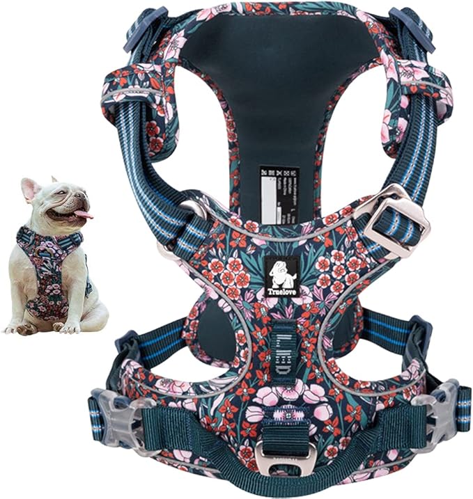 La La Pet® Floral No Pull Dog Harness Reflective Dog Vest Harness with Front & Back 2 Leash Clips and Easy Control Handle for Small Medium Large Dogs 3 Snap Buckles Easy to Put On & Take Off