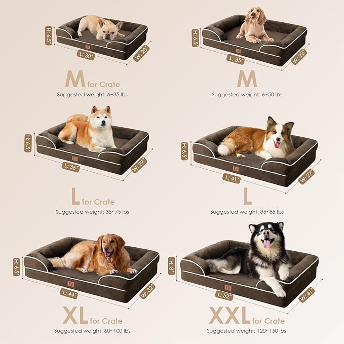 EHEYCIGA Orthopedic Dog Bed for Medium Dogs, Waterproof Memory Foam Medium Dog Beds with Sides, Non-Slip Bottom and Egg-Crate Foam Medium Dog Couch Bed with Washable Removable Cover, Brown