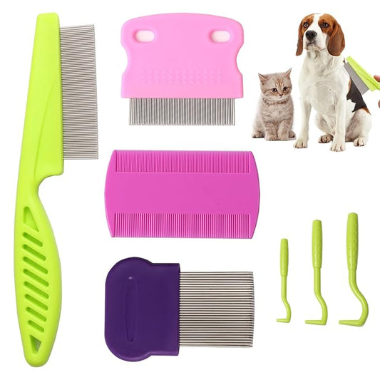 Tick flea comb for dogs 7pcs Metal flea brush for indoor Cats Lice combs for thick hair Pet tear stain comb Fine tooth comb Large and Small dog combs for grooming