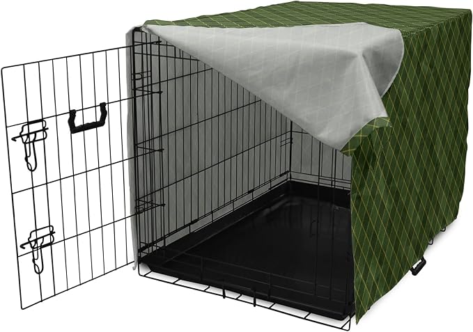 Lunarable Green Dog Crate Cover, Traditional Old Fashioned Argyle Pattern Retro Style Plaid, Easy to Use Pet Kennel Cover for Medium Large Dogs, 42 Inch, Forest Green Green
