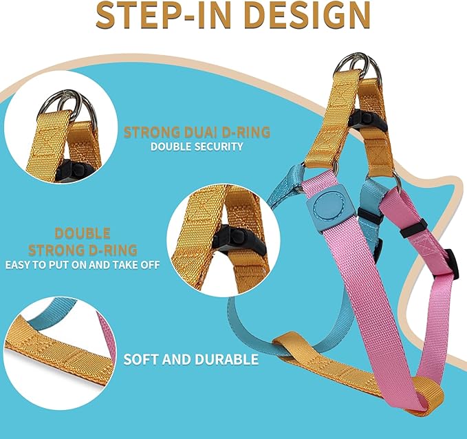 Tri-Color Dog Harness and Purple Pink Gradient Shock Absorbing Dog Leash Set,Step-in Freedom Dog Vest Harness,Strong Padded Handle to Help Stop Pulling for Small Dog Walking and Traning