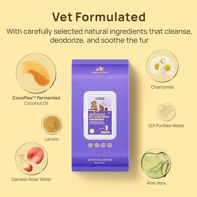 HICC PET Cleaning & Deodorizing Bathing Wipes for Dogs and Cats, Coconut Oil Grooming Wipes for Face, Paws, Butt and Body, Dog Cleaning Wipes - Remove Dirt, Nourish Sooth Fur and Eliminate Odors
