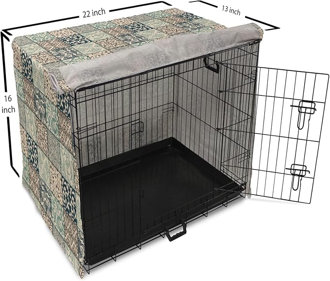 Lunarable Geometric Dog Crate Cover, Antique Mosaic with Victorian Garden Motifs Damask and Scroll Flower, Easy to Use Pet Kennel Cover for Small Dogs Puppies Kittens, 22 Inch, Seafoam Brown Dark Blue