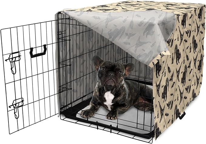 Lunarable Halloween Dog Crate Cover, Sketch Drawn Bat Cat Spider Witch Hat and Broom Pattern, Easy to Use Pet Kennel Cover for Cats & Medium Dogs, 24 Inch, Grey Beige Charcoal