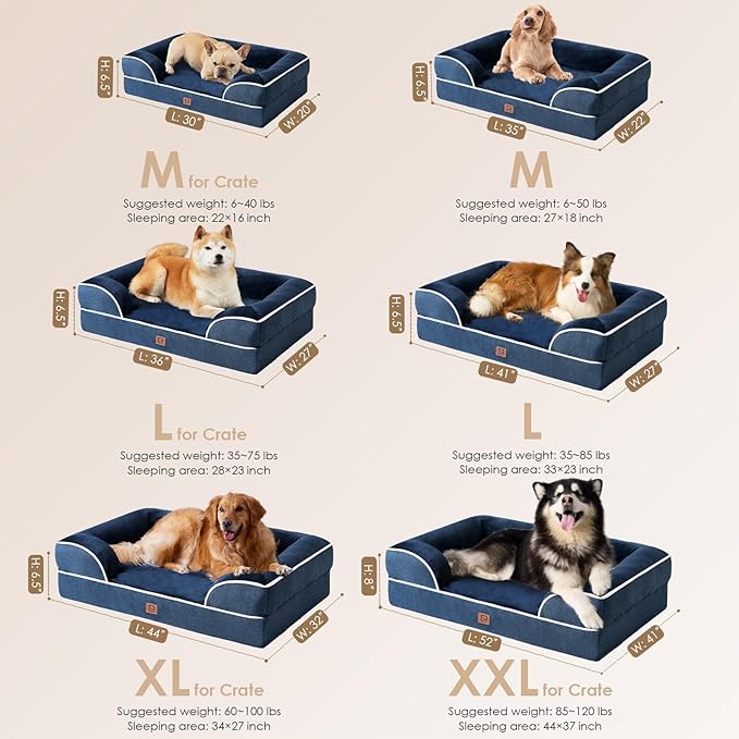 EHEYCIGA Orthopedic Dog Beds for Large Dogs, Waterproof Memory Foam Large Dog Bed with Sides, Non-Slip Bottom and Egg-Crate Foam Large Dog Couch Bed with Washable Removable Cover, Navy