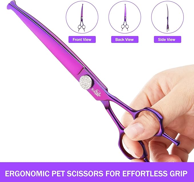 7" Curved Dog Grooming Scissors – Professional 440C Stainless Steel Pet Shears with Safety Round Tips and Sharp Blades for Body Facial Nose Ear and Paw Hair Easy Use