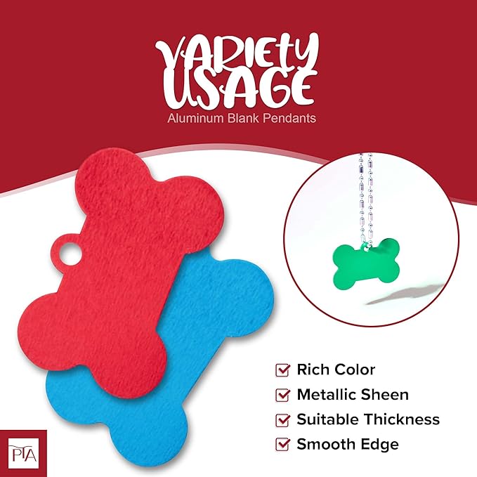 [Press TX Art] 40 Pcs Round(Circle), Bone, Rectangle, Heart Anodized Aluminum Stamping Blanks Tags 10 Mixed Colors Metal Engraving ID Name Tags with Rings (Bone in 10 Colors)