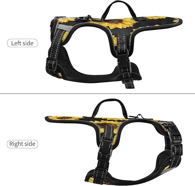 Beautiful Sunflower Flowers Floral Black Dog/Cat Harness,Adjustable Soft Padded Pet Vest Harness-Reflective No-Choke Pet Harness Easy Control Front Clip for Dog/Cats