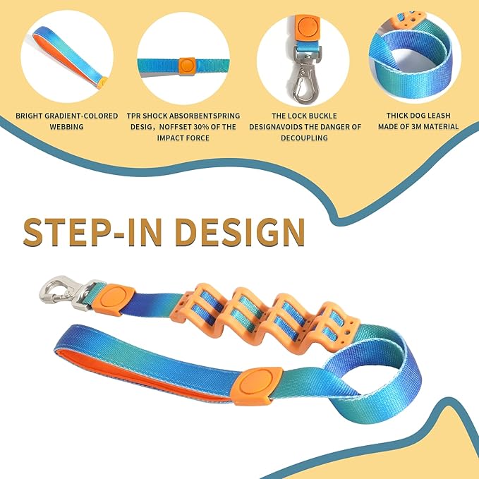 Tri-Color Dog Harness and Purple Pink Gradient Shock Absorbing Dog Leash Set,Step-in Freedom Dog Vest Harness,Strong Padded Handle to Help Stop Pulling for Midium Dog Walking and Traning