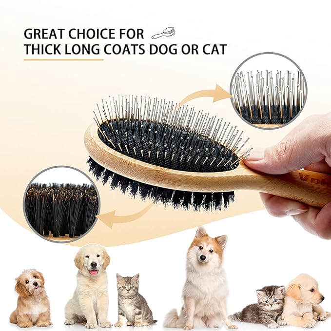 Dog Brush Cat Brush, Double Sided Bristle and Pin Pet Brush for Dog Grooming, Real Boar Bristle Shedding Brush with Bamboo Handle for Long Short Hair, 2 Pack Dog Comb, 1 Nail Clipper