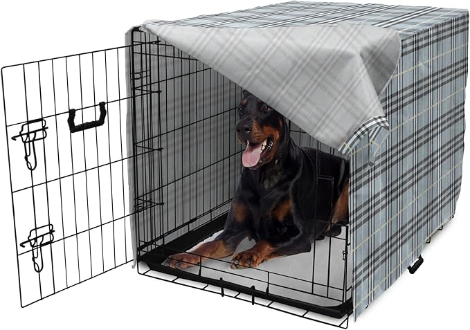 Lunarable Plaid Dog Crate Cover, Traditional Vintage Pattern with Modern Look Checkered Pastel Colored, Easy to Use Pet Kennel Cover for Medium Large Dogs, 42 Inch, Pale Blue Dimgray Cream