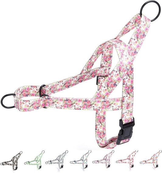 No Pull Dog Harness for Small, Medium, and Large Pets - Floral Pattern Nylon Safety Training Dog Harness (S, Peony)