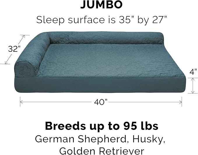 Furhaven Orthopedic Dog Bed for Large Dogs w/ Removable Bolsters & Washable Cover, For Dogs Up to 95 lbs - Pinsonic Quilted Paw L Shaped Chaise - Bluestone, Jumbo/XL