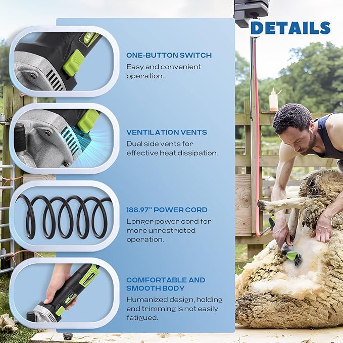 Sheep Shears Professional 850W 2400RPM Heavy Duty with 4 Blades (13-Teeth Straight/13-Teeth Curved/9-Teeth Straight/9-Teeth Curved) 6 Speed Adjustable for Thick Coat Animal (Size: 13.8*3.6")