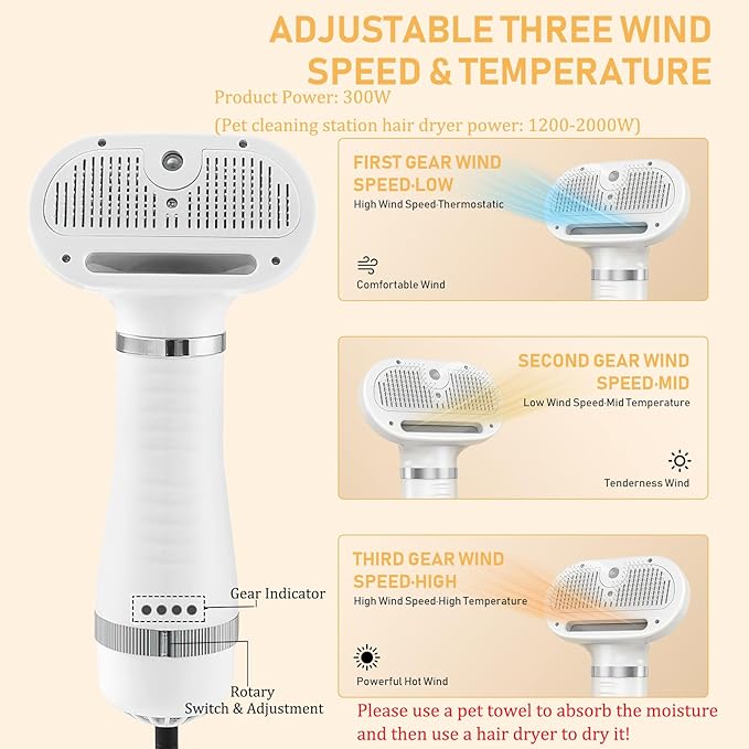 4-in-1 Pet Grooming Station: Steam Comb & Hair Dryer with Water Tank, 3 Heat Settings, Shedding Brush for Cats and Dogs, Home Washing Station, White