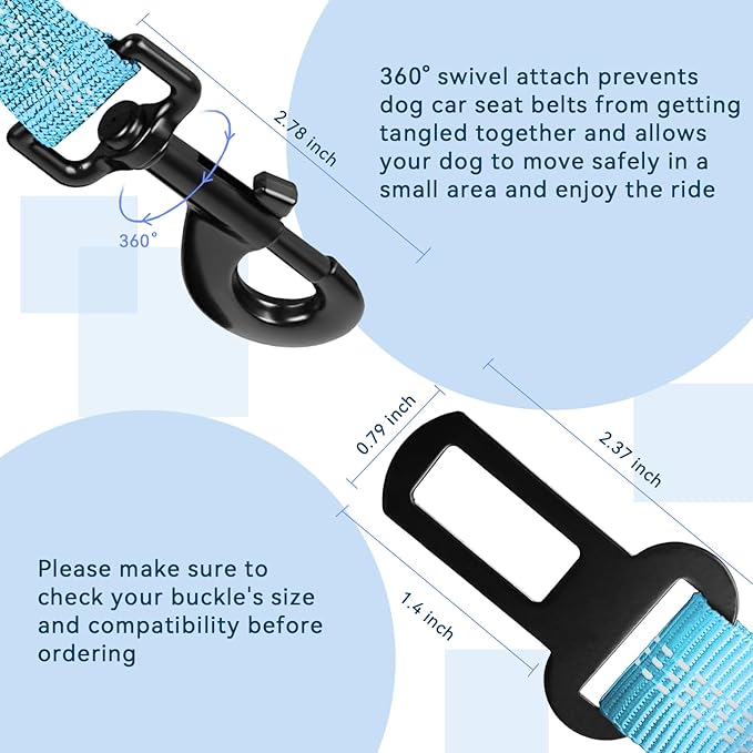 Dog Seat Belt for car, 3 Piece Set Retractable Dog Car Harness 2 Pack Adjustable Seatbelt for Dog in car, Nylon Pet Safety Seat Belts Tether Heavy Duty and Reflective Dog car Leash, Blue