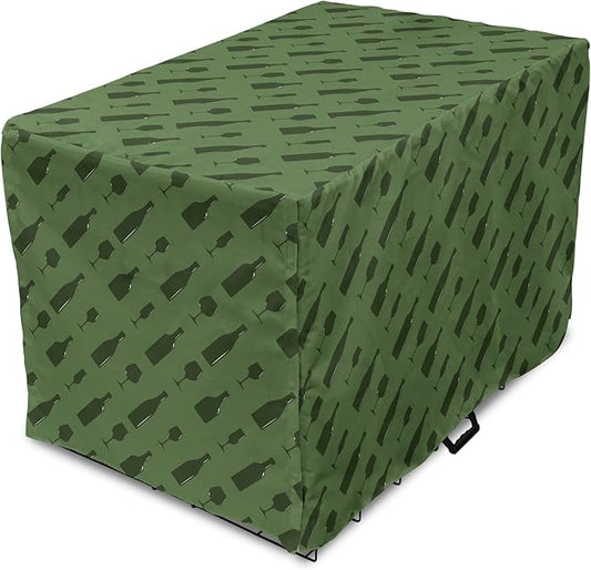 Lunarable Drinks Dog Crate Cover, Monotone Style Shapes of Wine Bottles and Glasses Diagonally Arranged, Easy to Use Pet Kennel Cover for Medium Large Dogs, 48 Inch, Reseda Green Olive Green