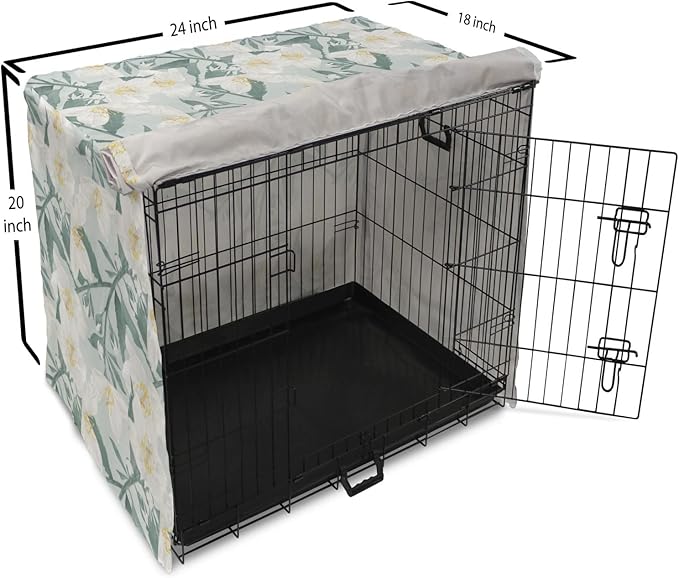 Lunarable Jasmine Dog Crate Cover, Delicate Pointy Petals Flower in Muted Tones, Easy to Use Pet Kennel Cover for Cats & Medium Dogs, 24 Inch, Pale Teal Pale Blue