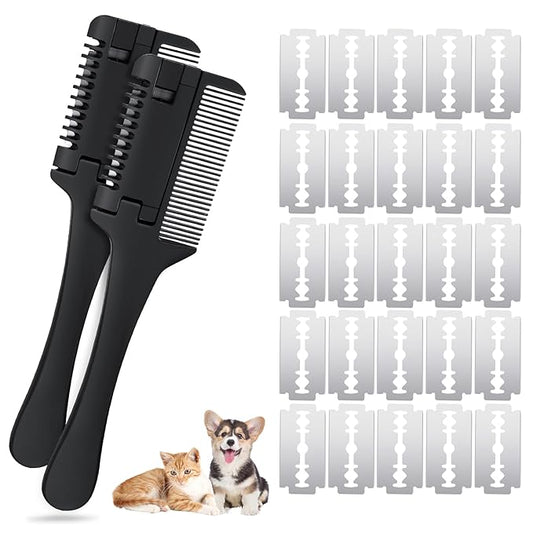 2-in-1 Pet Grooming Comb for Dogs and Cats - 2 Combs with 20 Extra Blades for Trimming and Grooming