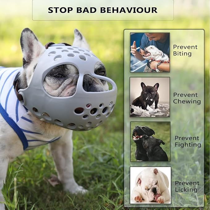 BARKLESS Dog Muzzle for Short Snout Dogs, Soft Silicone Muzzle for Biting, Chewing, Licking for French Bulldog Shih Tzu, Ideal for Flat-Faced Aggressive Dogs Grooming Walking, Allows Drinking